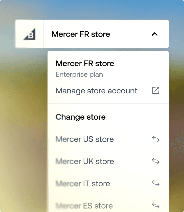 Dropdown-Menü zur Auswahl mehrerer Online-Shops mit dem Online-Shop „Mercer FR“ und Optionen zum Wechseln internationaler Online-Shops.
