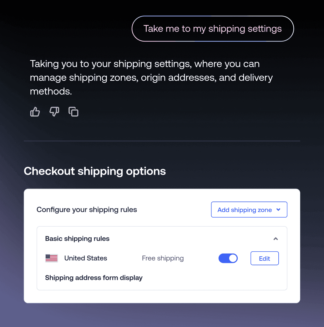 Bedienpanel für Versandoptionen beim Bezahlen mit grundlegenden Versandregeln und einer Option für den kostenlosen Versand in den USA