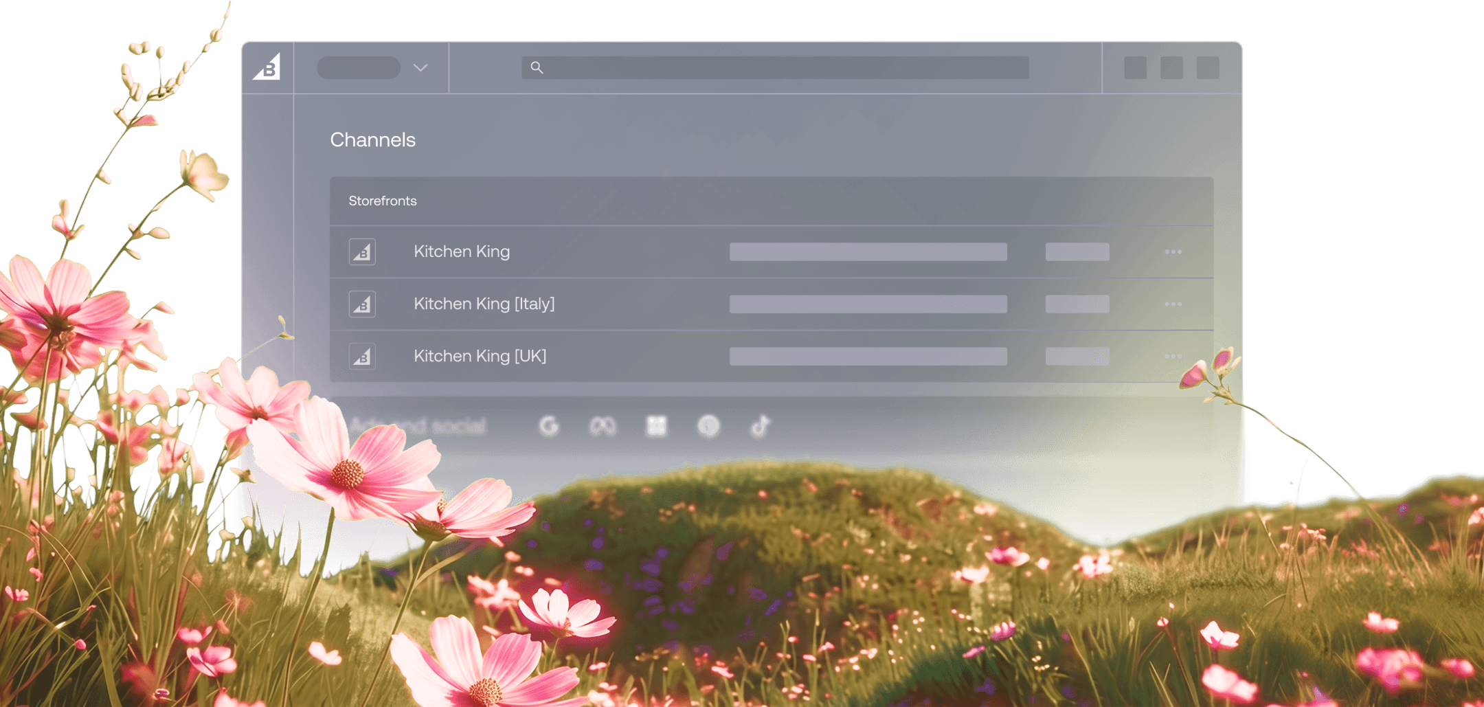 Dashboard zur Verwaltung von storefront-Kanälen mit Auflistung regionaler storefront, einschließlich Kitchen King Italien und UK.