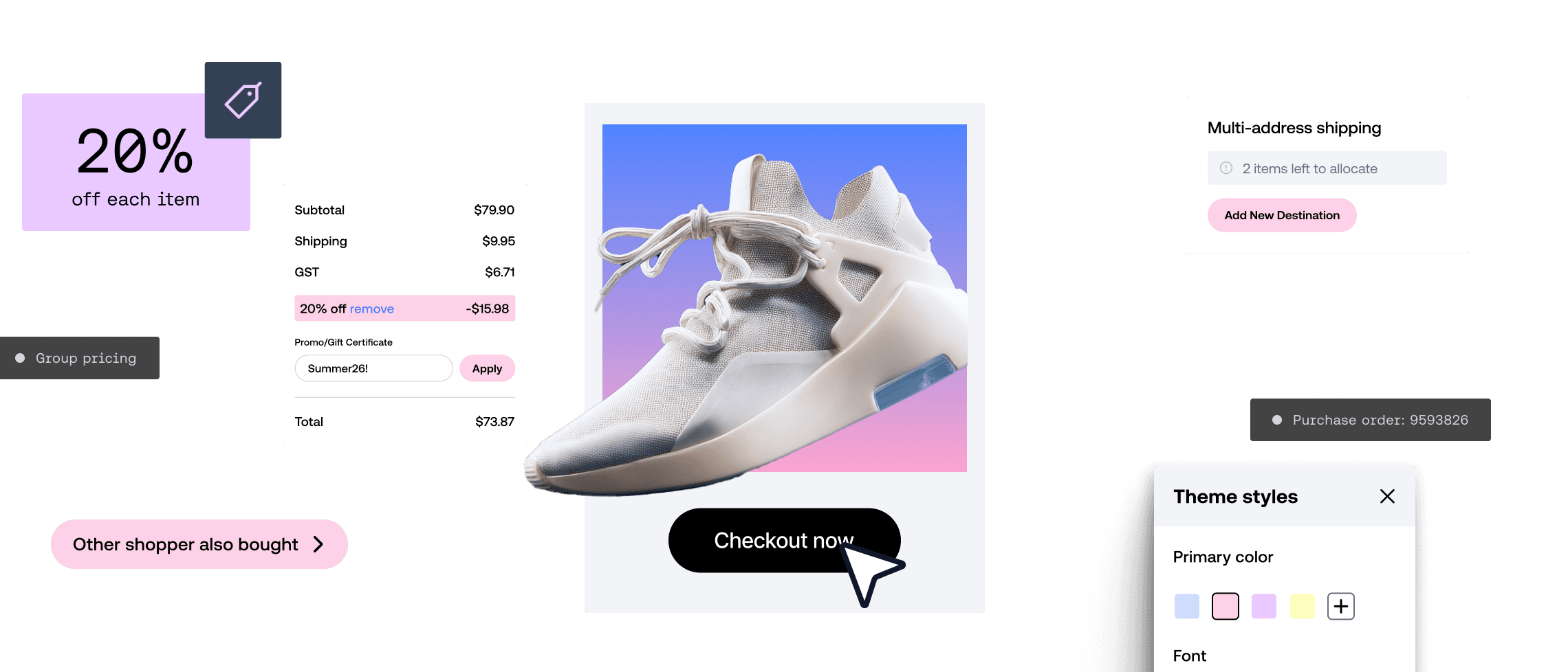 E-Commerce-Produkt-Bezahlseite mit einem weißen Sneaker, Details zum Rabattcode und Optionen für die Designfarbe.
