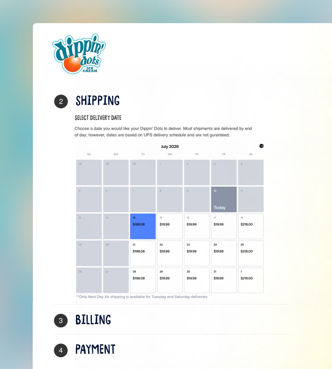 Online-Kassenbildschirm von Dippin’ Dots mit Versandkalender zur Auswahl des Liefertermins im Juli.