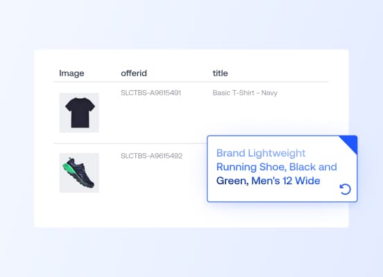 Eine Benutzeroberfläche, die Produktdaten für ein T-Shirt und einen Laufschuh anzeigt, wobei ein Popup-Fenster einen optimierten Titel für den Laufschuh zeigt.