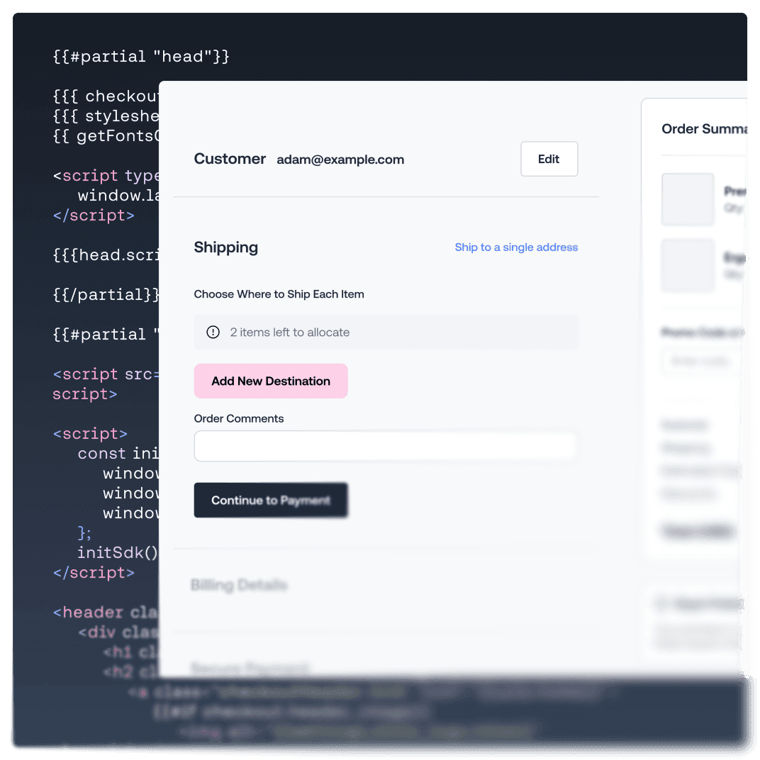 Modale Benutzeroberfläche des e-commerce-Checkouts, die über zugrundeliegendem Code angezeigt wird.