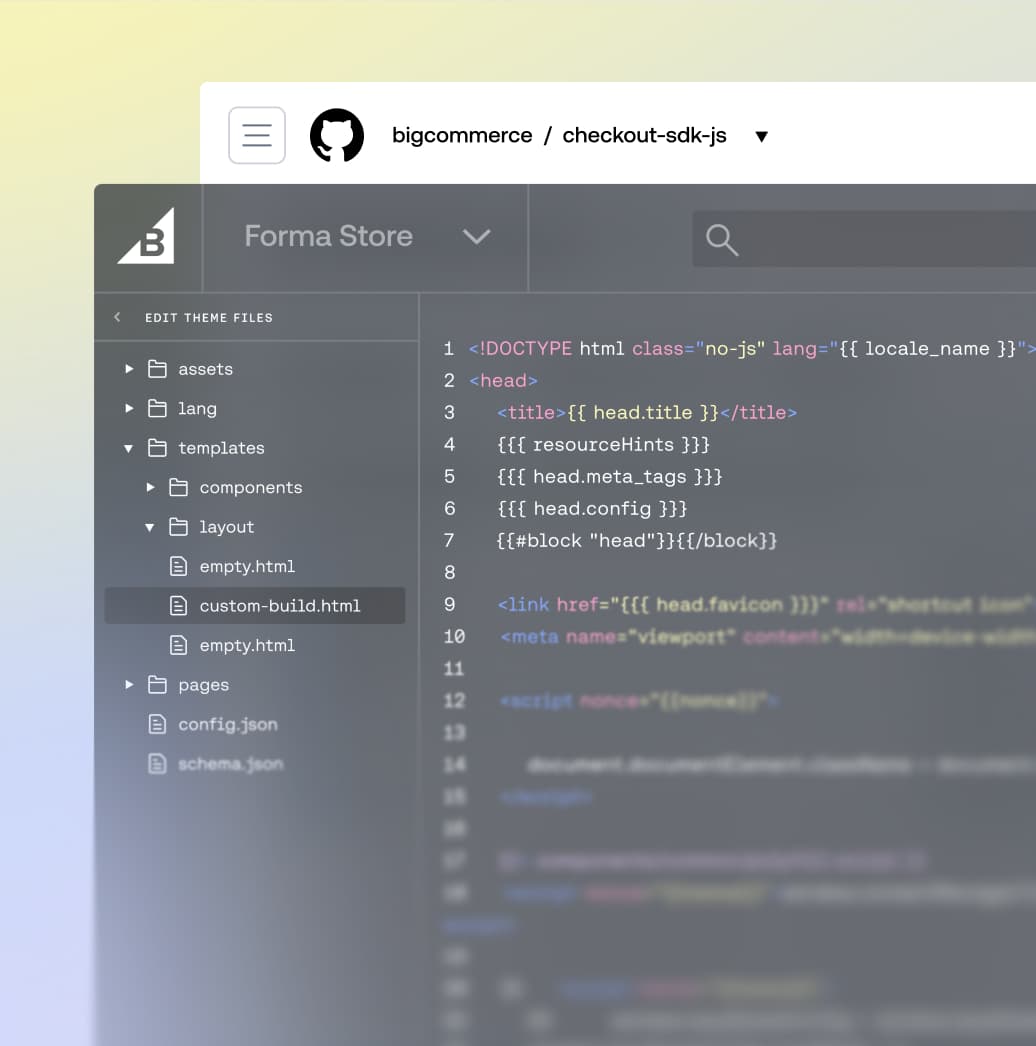 BigCommerce Checkout SDK-Code-Editor, der HTML-Vorlagendateien und den Verzeichnisbaum für Benutzer: innen definierte Builds anzeigt.