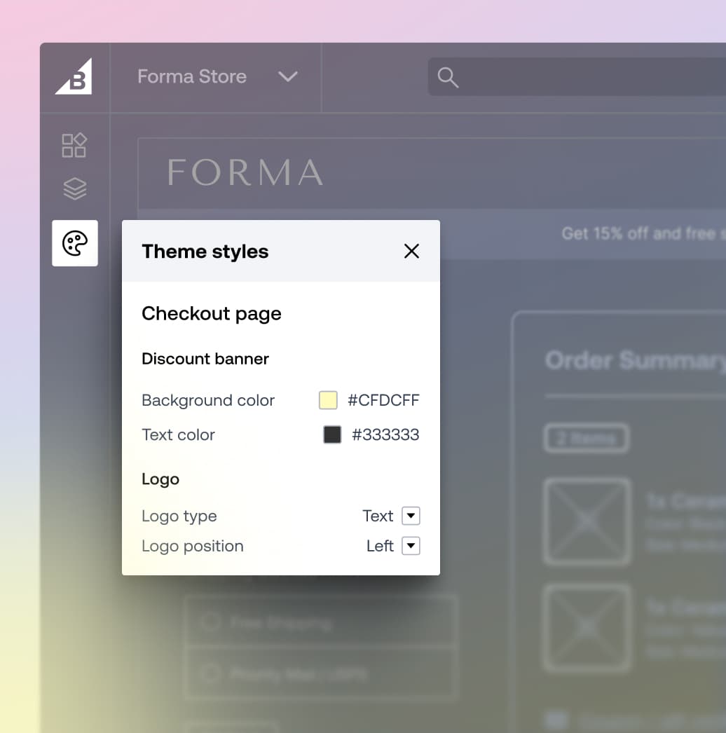 Stileinstellungen für das Contentful E-Commerce-Design, die Optionen für Hintergrund- und Textfarben für ein Menü der Bezahlseite anzeigen.