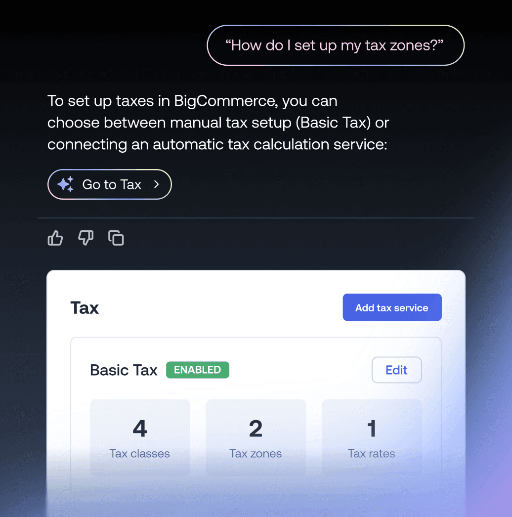 Chat-Bildschirm zur BigCommerce-Steuereinrichtung mit Anzeige der grundlegenden Steuerkonfiguration mit Steuerklassen und -zonen